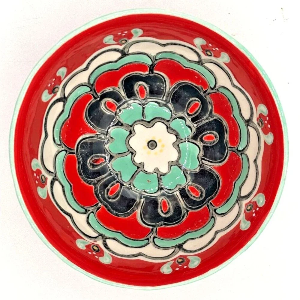 ANTHROPOLOGIE Footed Bowl Akaya Elka Red Bohemian Floral Handpainted Cereal Soup